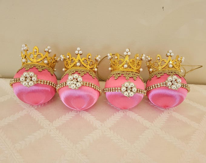 Royal Crown Limited Edition Set of Four Boxed Handcrafted Christmas Ornaments in Fushia Pink and Gold