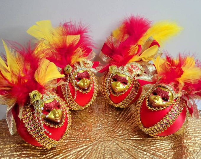 Carnivale Limited Edition Set of Four Handcrafted Christmas Ornaments in Red and Gold