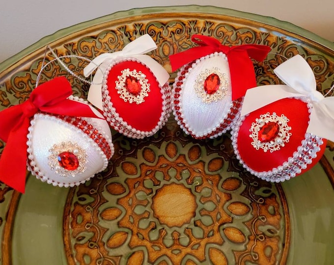 Limited Edition Set of Four Handcrafted Red and White Christmas Ornaments