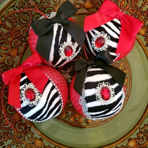 Limited Edition Set of Four Handcrafted Zebra Print Christmas Ornaments