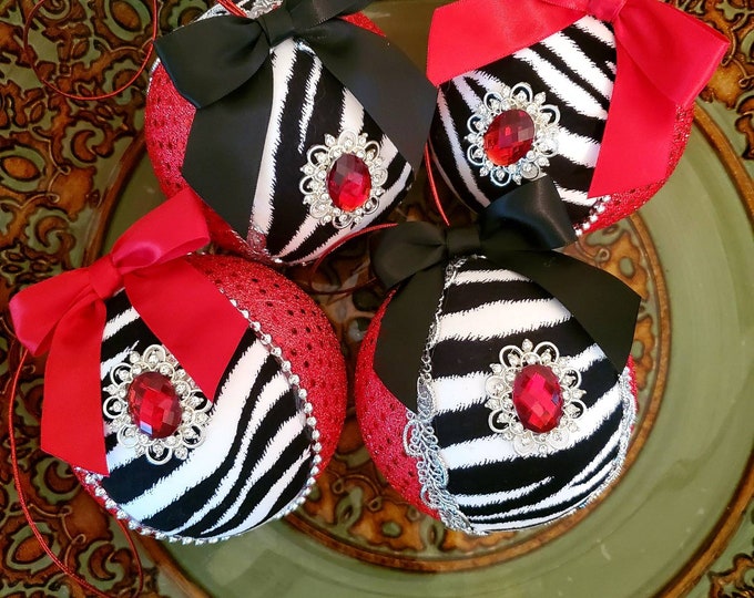 Limited Edition Set of Four Handcrafted Zebra Print Christmas Ornaments