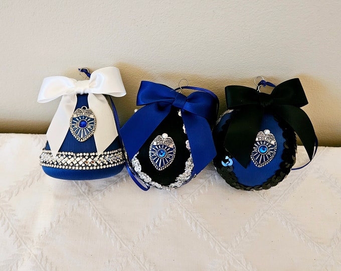 Law Enforcement Handcrafted Boxed Christmas Ornaments in Black and Blue
