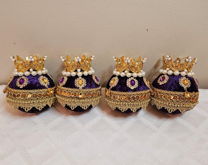 Limited Edition Royal Crown Set of Four Handcrafted Christmas Ornaments in Purple and Gold