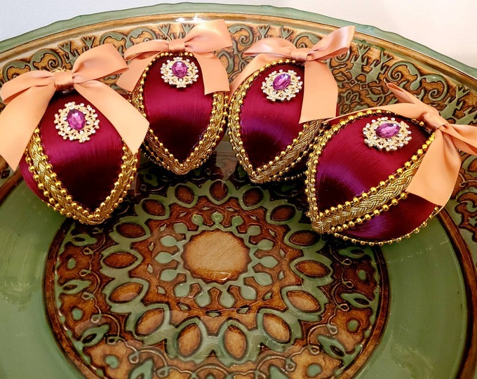 Limited Edition Boxed Set of Four Handcrafted Christmas Ornaments in Merlot and Gold