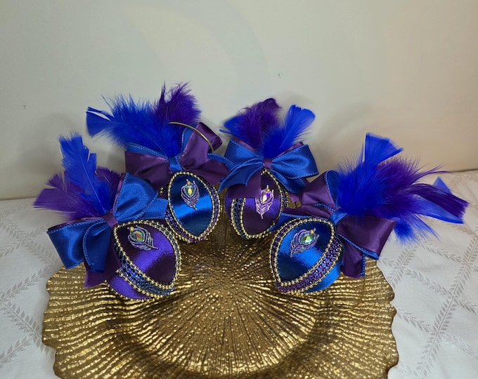 Peackcock Limited Edition Set of Four Boxed Handcrafted Christmas Ornaments in Blue and Purple