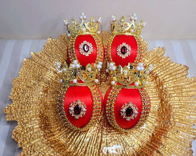 Royal Crown Limited Edition Set of Four Boxed Handcrafted Christmas Ornaments in Red and Gold