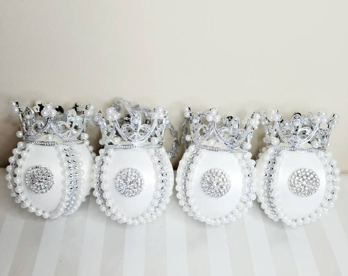 Royal Crown Limited Edition Set of Four Handcrafted Christmas Ornaments in White and Silver