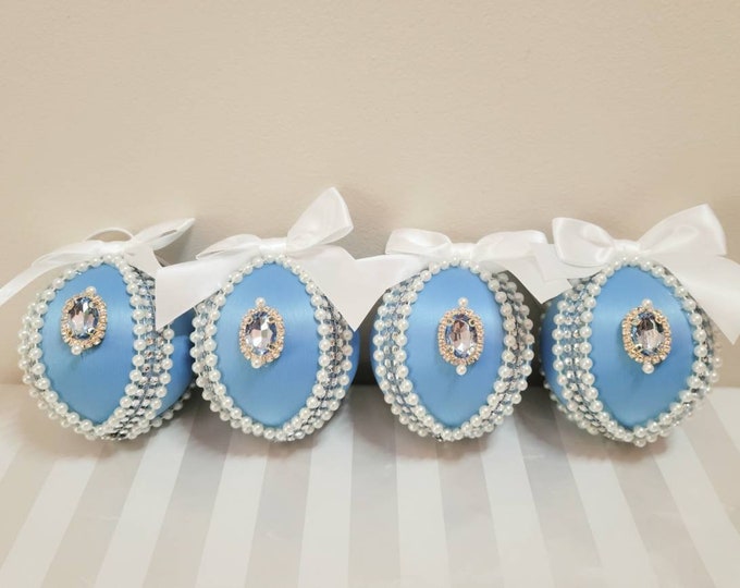 Limited Edition Set of Four Boxed Handcrafted Christmas Ornaments in Sky Blue