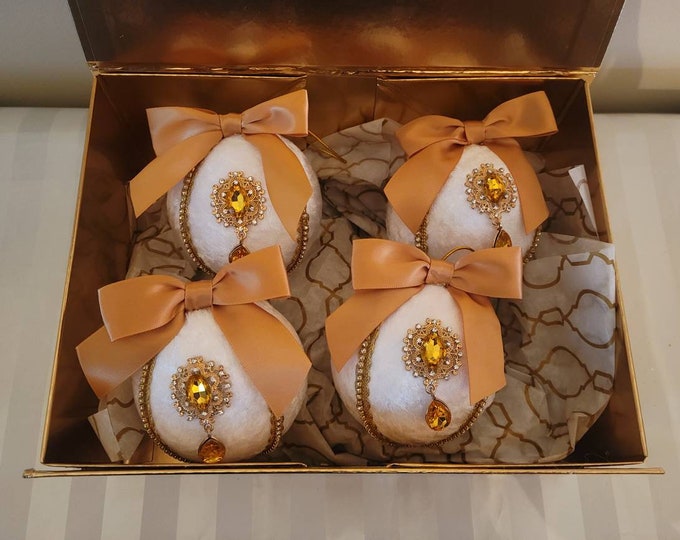 Limited Edition Set of Four Handcrafted Boxed Christmas Ornaments in White and Gold