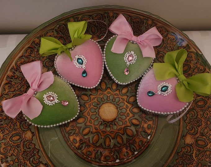 Limited Edition Set of Four Boxed Heart Shaped Christmas Ornaments in Pink and Green