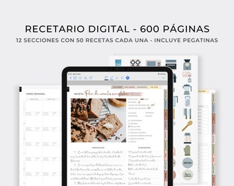 Cuaderno de recetas digital español. Recetario de cocina en blanco para iPad y tablets. Libro de cocina para Goodnotes y Noteshelf