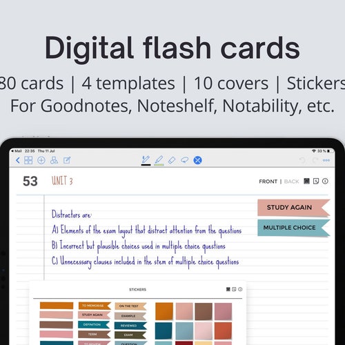 Digital Flash Cards for Goodnotes With Study Digital Stickers Etsy
