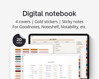 Digital Notebook with Tabs: 20 Sections, Stickers (Goodnotes, Notability, Noteshelf)