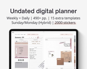 Planificateur numérique Goodnotes UNDATED, Planificateur quotidien et hebdomadaire avec hyperliens, Planificateur iPad esthétique, Planificateur numérique réaliste Noteshelf