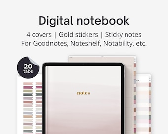 Digital notebook Goodnotes with tabs, iPad digital journal, 4 watercolor covers, Gold digital stickers to customize covers, 20 linked tabs
