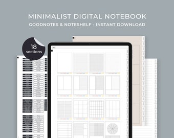 Digital notebook Goodnotes, Minimalist Notability Noteshelf digital journal with tabs. Functional digital stickers included. Bujo templates