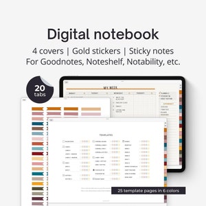 May include: A digital notebook with 20 tabs, 25 template pages in 6 colors, and a weekly planner. The notebook is designed for use with note-taking apps like Goodnotes, Noteshelf, and Notability.
