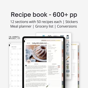 Digital recipe book Goodnotes, Digital stickers for cooking, meal planner and grocery list included. 12 hyperlinked sections. 600 recipes