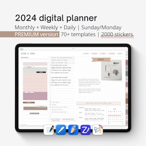 Digital planner Goodnotes 2024, daily and weekly planner for iPad with functional digital stickers included. Neutral colors