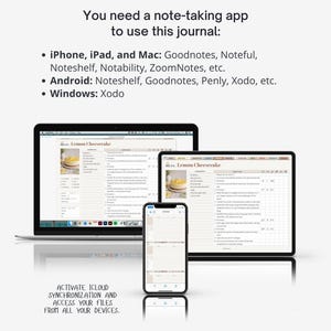 May include: A laptop, tablet, and smartphone displaying a digital recipe journal for lemon cheesecake. Text lists compatible note-taking apps for iPhone, iPad, Mac, Android, and Windows. Additional text instructs to activate iCloud synchronization for access.