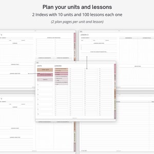 May include: A printable planner template for teachers to plan their units and lessons. The template includes sections for learning goals, objectives, materials, assessments, and reflections. The template is designed for 10 units and 100 lessons, with two pages per unit and lesson.