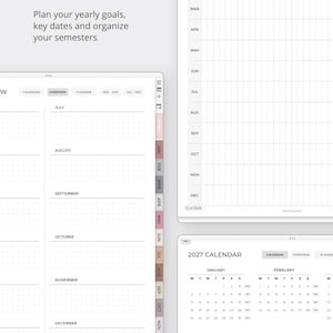 May include: A digital planner interface featuring a yearly goal overview, a monthly grid layout, and a 2027 calendar. The layout includes navigation tabs for months, a grid-based schedule, and text reading Plan your yearly goals, key dates and organize your semesters.