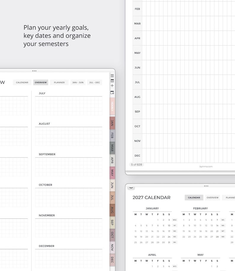 May include: A digital planner interface featuring a yearly goal overview, a monthly grid layout, and a 2027 calendar. The layout includes navigation tabs for months, a grid-based schedule, and text reading Plan your yearly goals, key dates and organize your semesters.