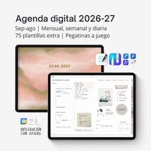 Puede incluir: Planificador digital para 2026-2027 mostrado en dos tabletas. La tableta superior muestra un diseño de acuarela, mientras que la tableta inferior muestra un diseño de planificador diario. Incluye el texto "Agenda digital 2026-27".