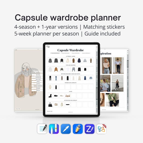 Digital capsule wardrobe planner for iPad, Goodnotes outfit planner with hyperlinks, That girl fashion planner digital, 4-season and 1-year