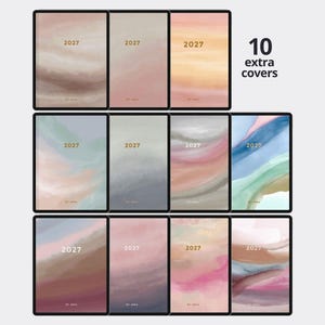 May include: A collection of eleven rectangular digital planner covers featuring abstract watercolor designs in various color palettes. Each cover displays the year 2027 in gold text. The text 10 extra covers is visible in the upper right corner.