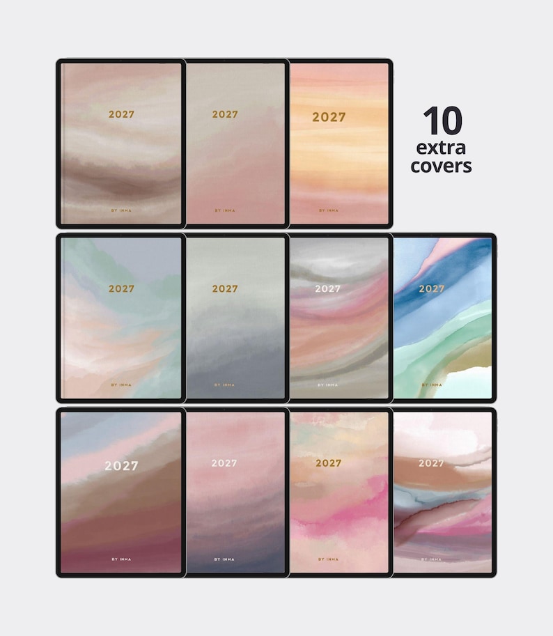 May include: A collection of eleven rectangular digital planner covers featuring abstract watercolor designs in various color palettes. Each cover displays the year 2027 in gold text. The text 10 extra covers is visible in the upper right corner.