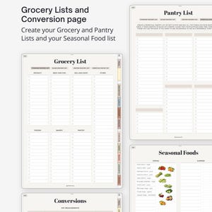 Pu&ograve; includere: Un set di pagine per planner digitale che include una lista della spesa, una lista della dispensa, una tabella degli alimenti stagionali e una tabella di conversione. I layout includono caselle di controllo e un sistema di schede laterali.