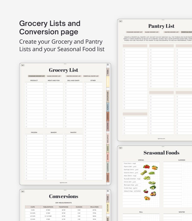 Pu&ograve; includere: Un set di pagine per planner digitale che include una lista della spesa, una lista della dispensa, una tabella degli alimenti stagionali e una tabella di conversione. I layout includono caselle di controllo e un sistema di schede laterali.
