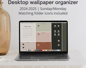 Desktop wallpaper organizer, calendar 2024, Minimalist background for Mac and Windows. Desktop folder icons, 2024-2025