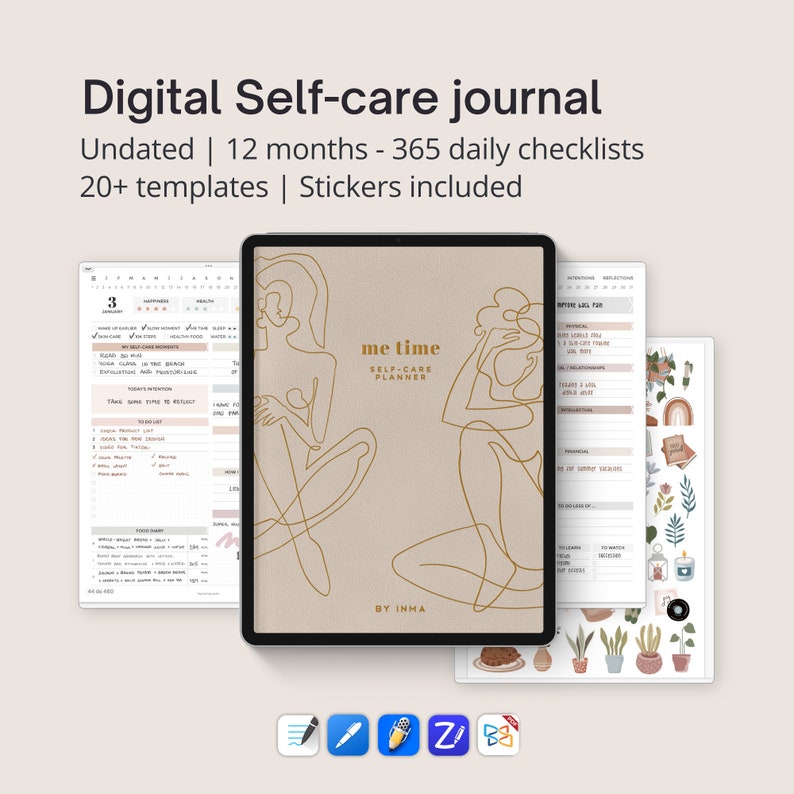 Self care journal digital, Self care stickers, Daily check in journal, Mindfulness journal iPad, Reflection planner Goodnotes template image 1