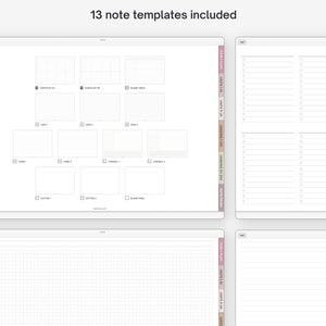 May include: A set of 13 printable note templates for planning and note-taking. The templates include checklist, grid, lined, Cornell, dotted, and blank pages. The templates are designed for use with a standard 8.5 x 11 inch notebook.