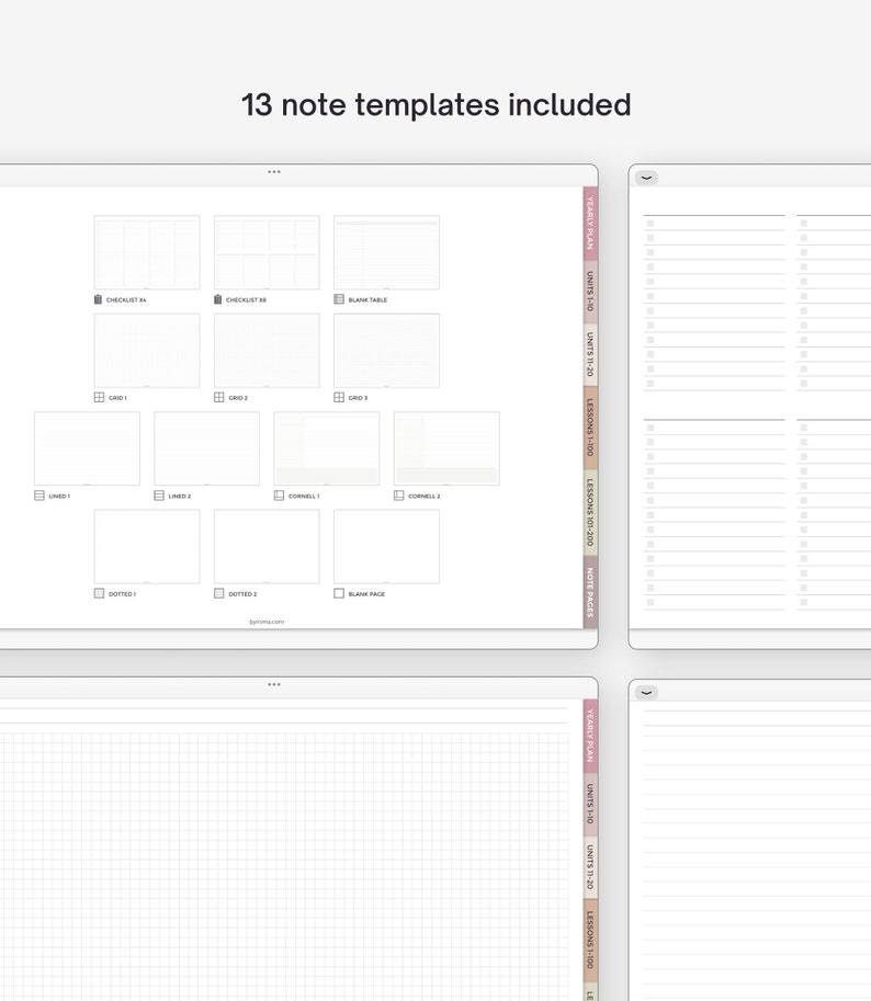 May include: A set of 13 printable note templates for planning and note-taking. The templates include checklist, grid, lined, Cornell, dotted, and blank pages. The templates are designed for use with a standard 8.5 x 11 inch notebook.