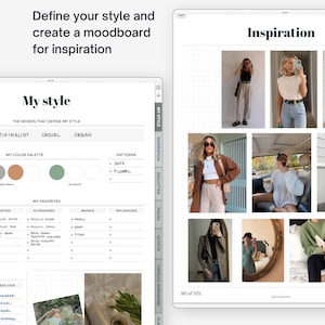 May include: A digital mood board with a grid of images showing different fashion styles. The mood board is labeled "Inspiration" and includes a grid of nine images of women wearing casual clothing. The images are arranged in a grid with a white background. The mood board is part of a larger digital planner app that helps users define their style and create a capsule wardrobe.