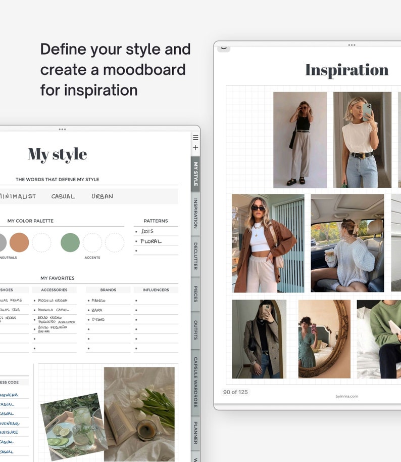 May include: A digital mood board with a grid of images showing different fashion styles. The mood board is labeled "Inspiration" and includes a grid of nine images of women wearing casual clothing. The images are arranged in a grid with a white background. The mood board is part of a larger digital planner app that helps users define their style and create a capsule wardrobe.