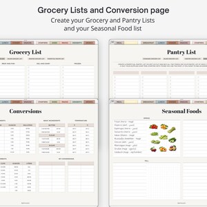 May include: A digital planner page titled Grocery Lists and Conversion page featuring sections for Grocery List, Pantry List, Conversions, and Seasonal Foods. The layout includes tables for measurements, ingredient conversions, and lists for food items.