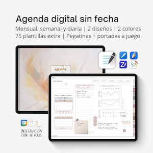 Op de afbeelding: Een digitale ongedateerde agenda weergegeven op een tablet, met maandelijkse, wekelijkse en dagelijkse lay-outs. De afbeelding toont twee ontwerpen en twee kleuren, met 75 extra sjablonen, stickers en bijpassende covers. De tekst op het scherm zegt "3 DE ENERO" en "SELF-CARE".