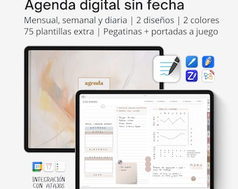 Digital Planner Undated SPANISH, Goodnotes template with digital stickers in neutral tones, Portrait planner for iPad. LANDSCAPE version