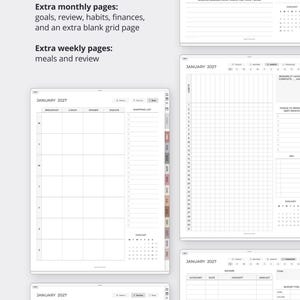 May include: Digital planner pages for January 2027 featuring a meal planner with columns for breakfast, lunch, dinner, snacks, and a shopping list. Additional pages include habit trackers, financial budget logs, and checklists with monthly calendar views.