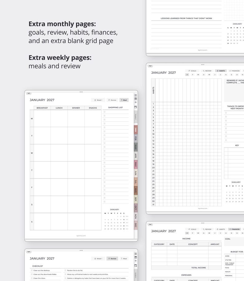 May include: Digital planner pages for January 2027 featuring a meal planner with columns for breakfast, lunch, dinner, snacks, and a shopping list. Additional pages include habit trackers, financial budget logs, and checklists with monthly calendar views.