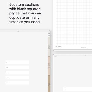 May include: A digital planner interface with five custom sections, each with blank squared pages. The sections are labeled "Spring", "Summer", "Fall", and two unnamed sections. The page number is "116 of 125".