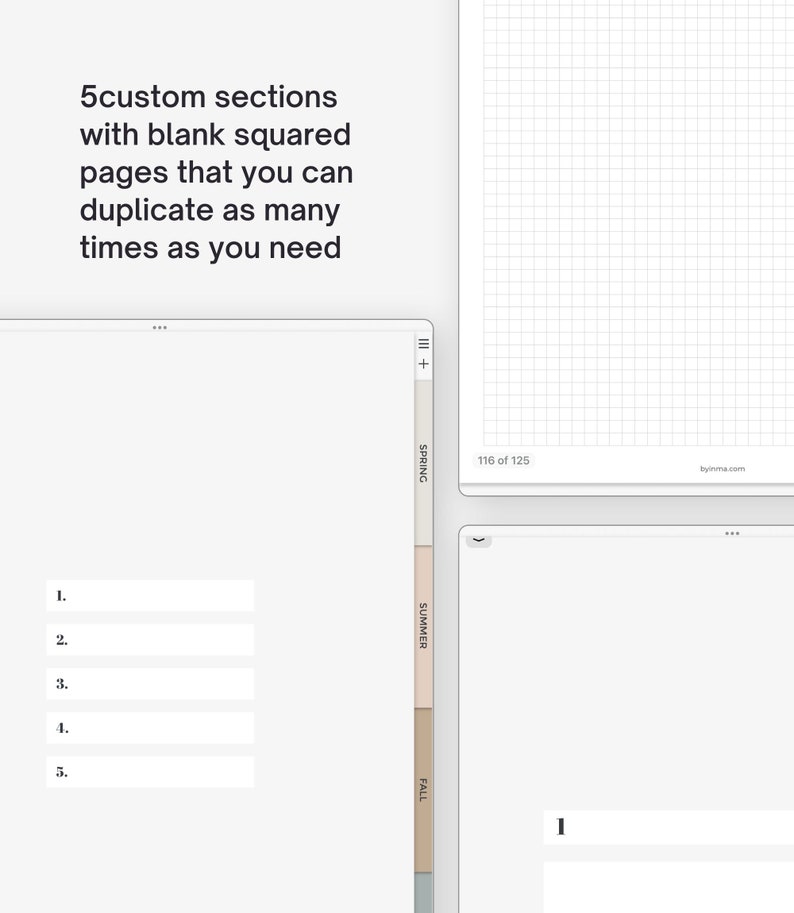 May include: A digital planner interface with five custom sections, each with blank squared pages. The sections are labeled "Spring", "Summer", "Fall", and two unnamed sections. The page number is "116 of 125".
