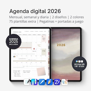 Agenda digital 2026 ESPAÑOL para iPad. Planificador interactivo en PDF Goodnotes. Orientación vertical. Incluye pegatinas. Versión VERTICAL