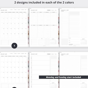 May include: A digital planner set featuring 2 designs in 2 colors, including monthly, weekly, and daily layouts for January 2027. The pages display grid lines, task lists, and calendar views with both Monday and Sunday start options clearly labeled.