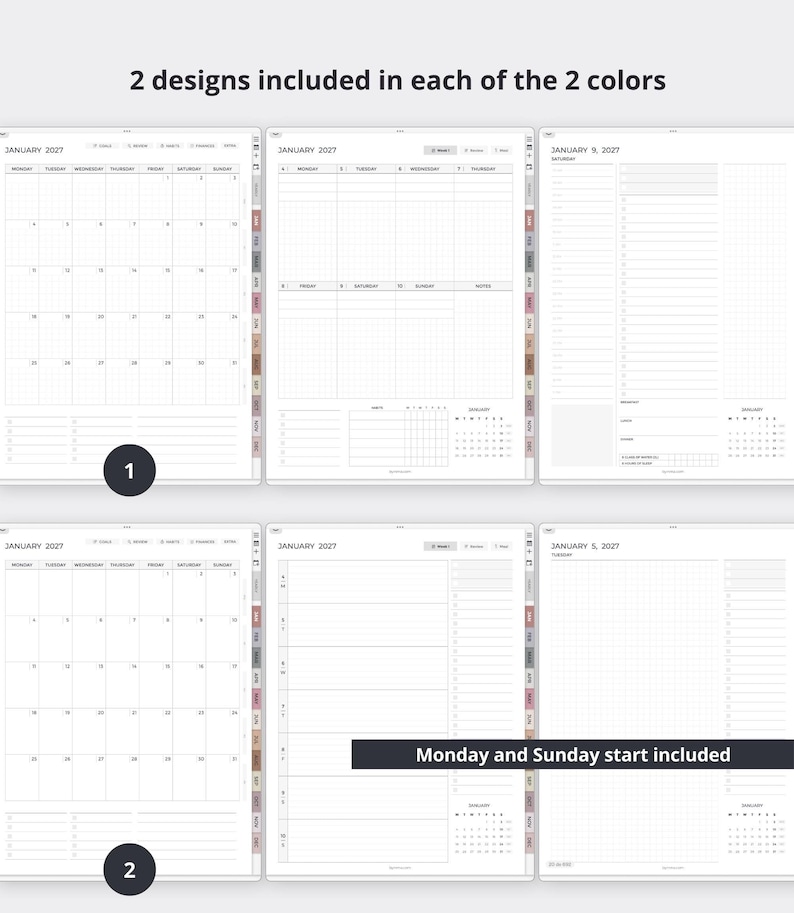 May include: A digital planner set featuring 2 designs in 2 colors, including monthly, weekly, and daily layouts for January 2027. The pages display grid lines, task lists, and calendar views with both Monday and Sunday start options clearly labeled.
