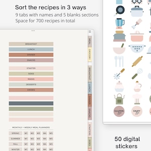 Pu&ograve; includere: Un'interfaccia per un ricettario digitale con nove schede etichettate, cinque sezioni vuote e un layout per la pianificazione dei pasti mensile e settimanale. Il ricettario contiene 700 ricette e 50 adesivi digitali a tema cucina.
